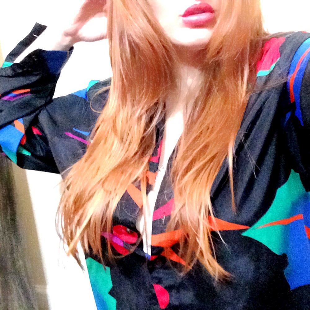 Bright oversized button down shirt vintage silky blouse abstract print dress top - Picture 7 of 8